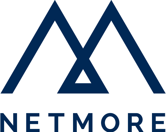 The NETMORE company logo, featuring a dark blue stylized graphic of two overlapping mountain peaks or angular 'M' shapes above the company name "NETMORE" on a black background.