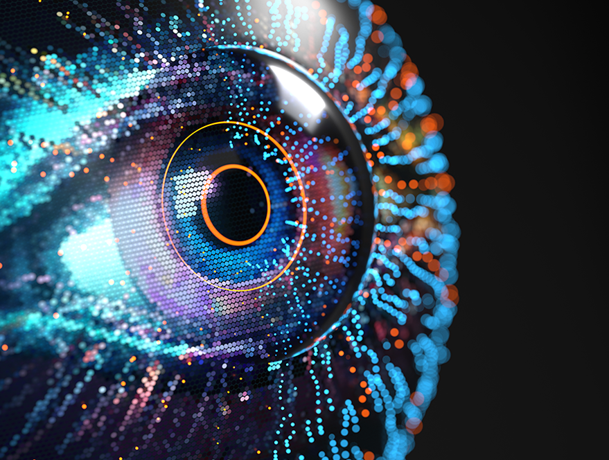 Futuristic AI eye visualization representing innovation in web development Malaysia.