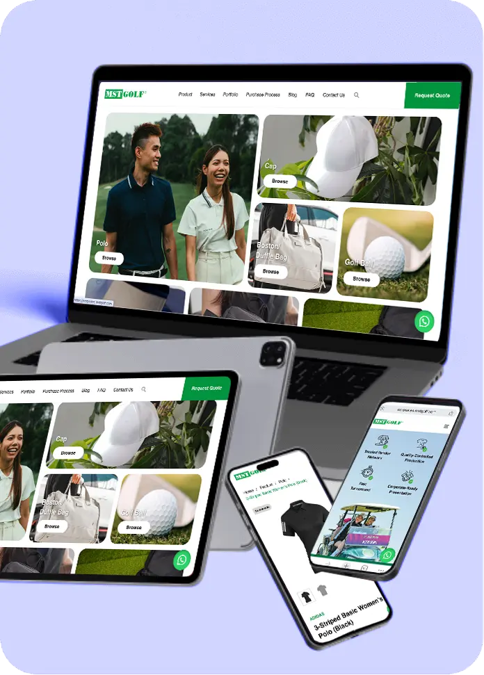 A modern website design for MST GOLF displayed across a laptop, a tablet, and a smartphone. The designs showcase various golf products like Polo shirts, a Boston Duffle Bag, a Cap, and Golf Balls, emphasizing corporate and custom apparel services.