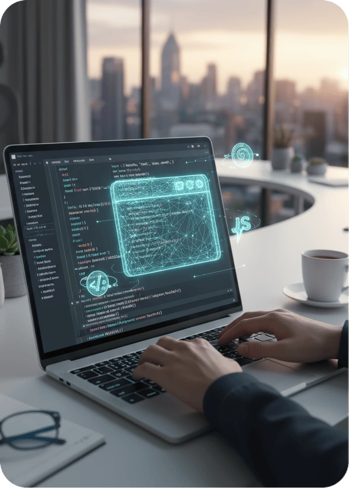 Developer coding custom web applications with HTML CSS and JavaScript for professional business websites in Malaysia.