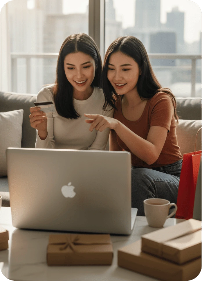 Two young women shopping online on laptop using credit card on an eCommerce website with secure payment gateway.