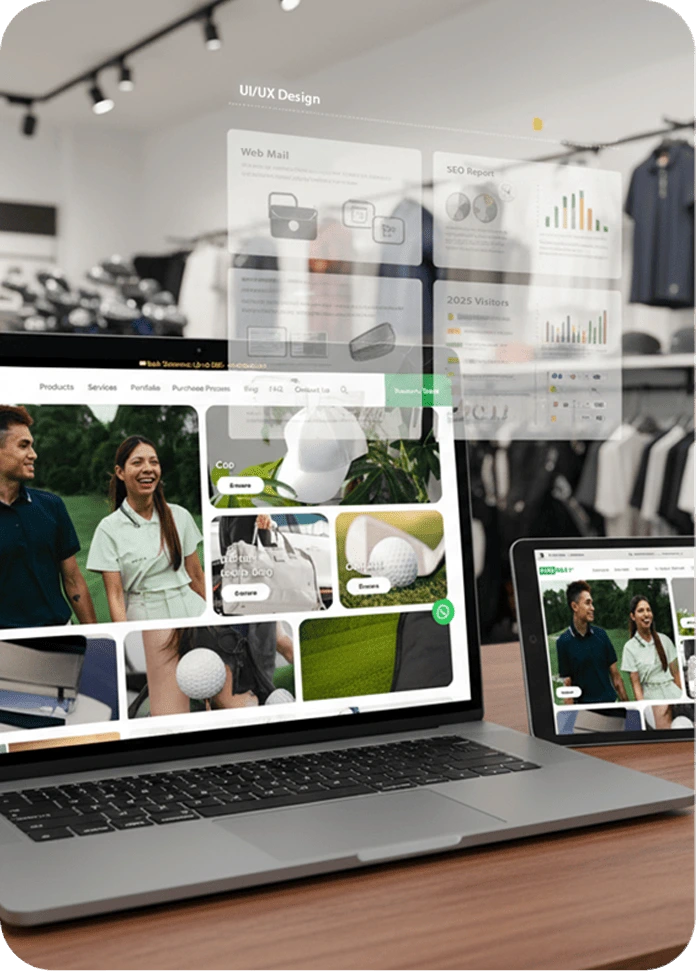 Web designer creating a modern responsive website interface for a business client in Malaysia using UI UX design tools on laptop and tablet.