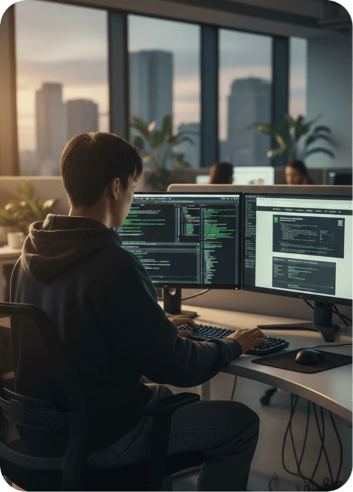 IT specialist performing website maintenance and server updates in a modern office for business website reliability and security.